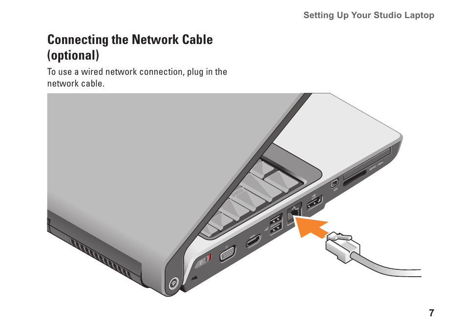 Connecting the network cable (optional), Connecting the network cable, Optional) | Dell Studio 1737 (Late  2008) User Manual | Page 9 / 84