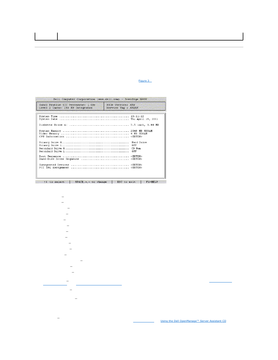 System setup options, Main screen | Dell PowerEdge 500SC User Manual | Page 20 / 37