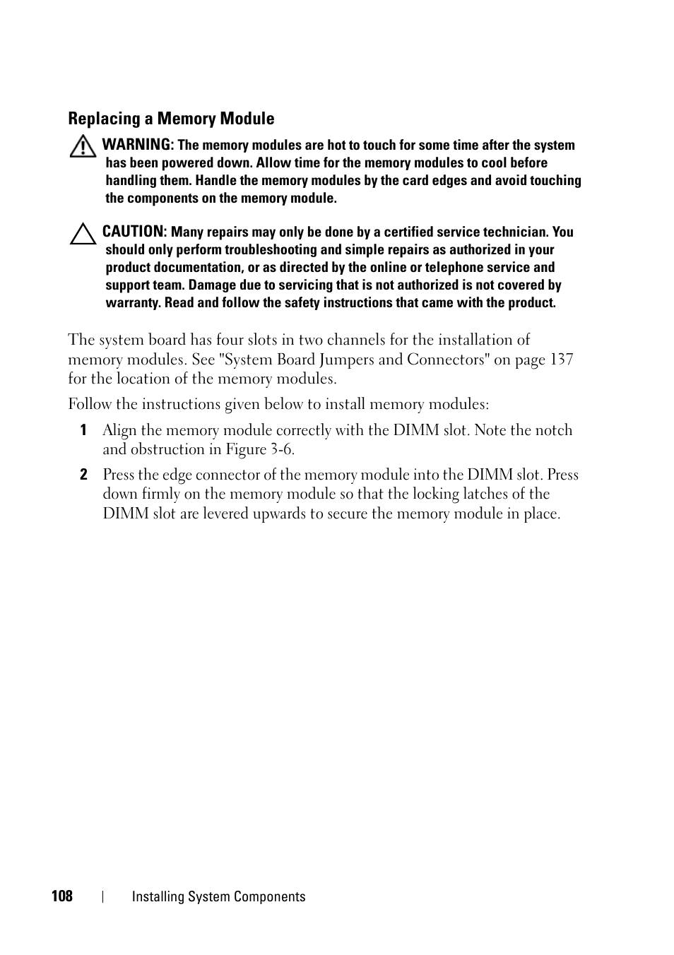 Replacing a memory module | Dell PowerEdge C5230 User Manual | Page 108 / 146