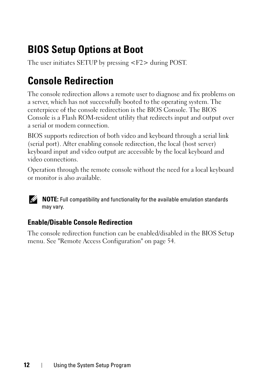 Bios setup options at boot, Console redirection, Enable/disable console redirection | Dell PowerEdge C5230 User Manual | Page 12 / 146