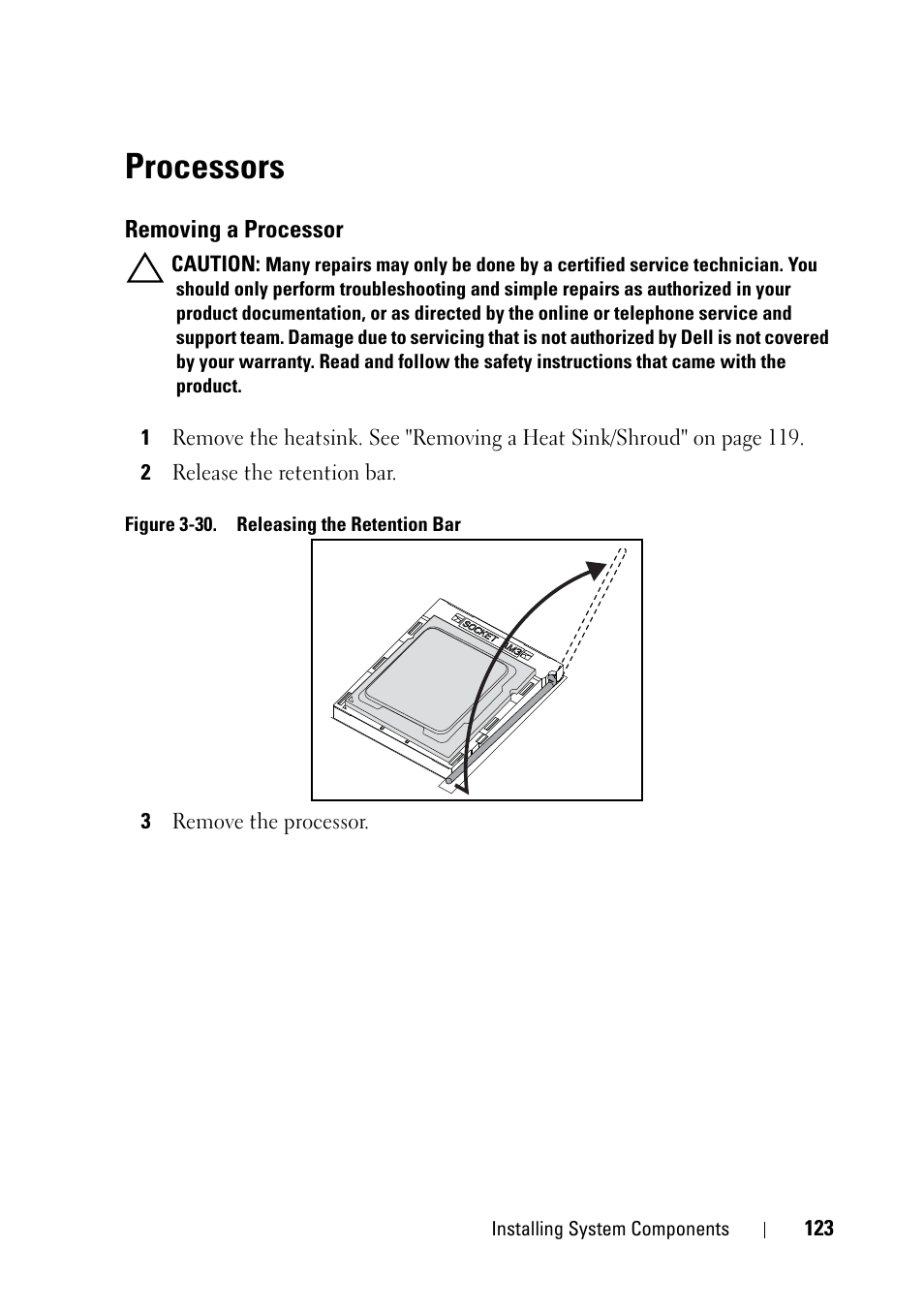 Processors, Removing a processor | Dell PowerEdge C5230 User Manual | Page 123 / 146