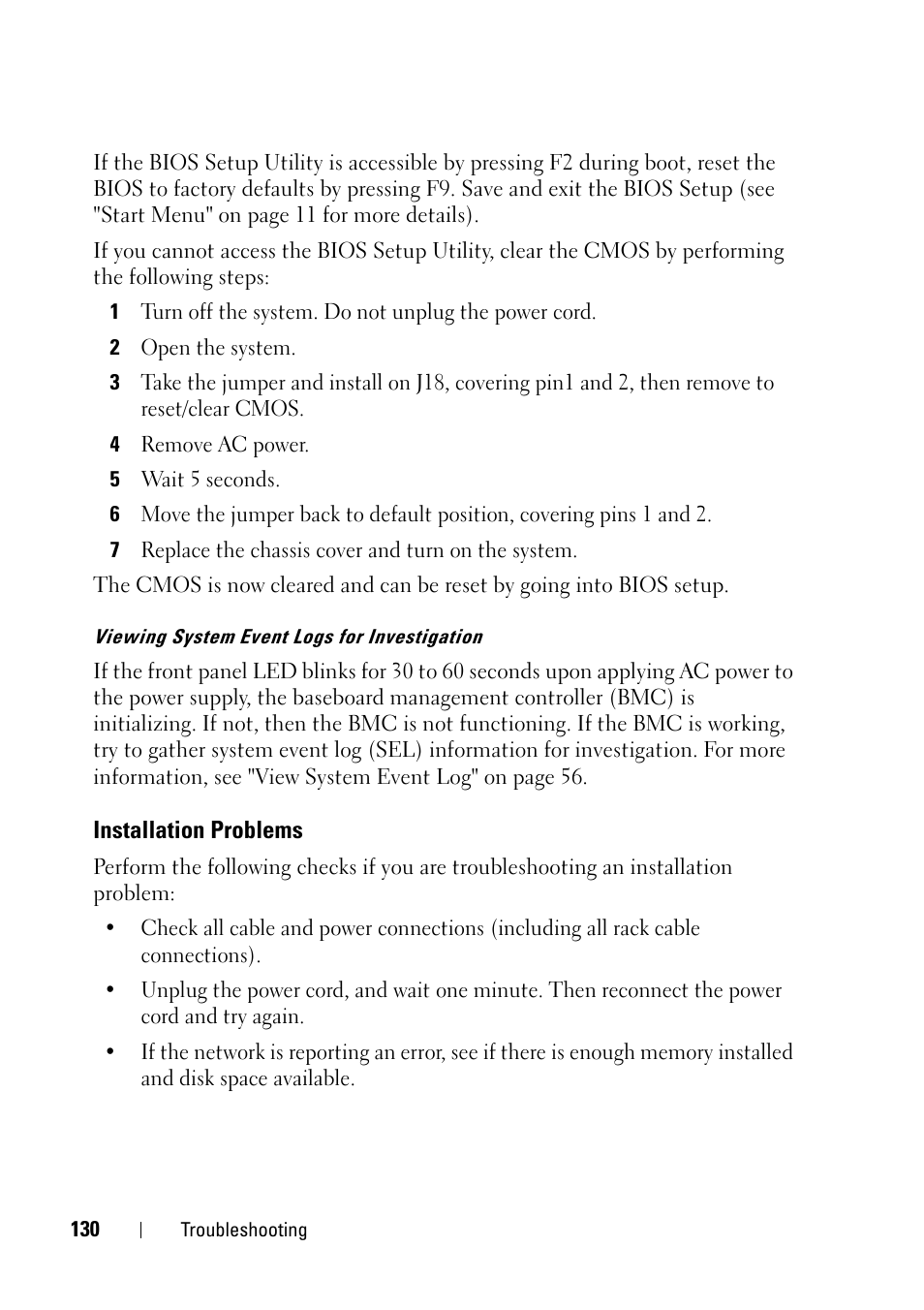 Installation problems | Dell PowerEdge C5230 User Manual | Page 130 / 146