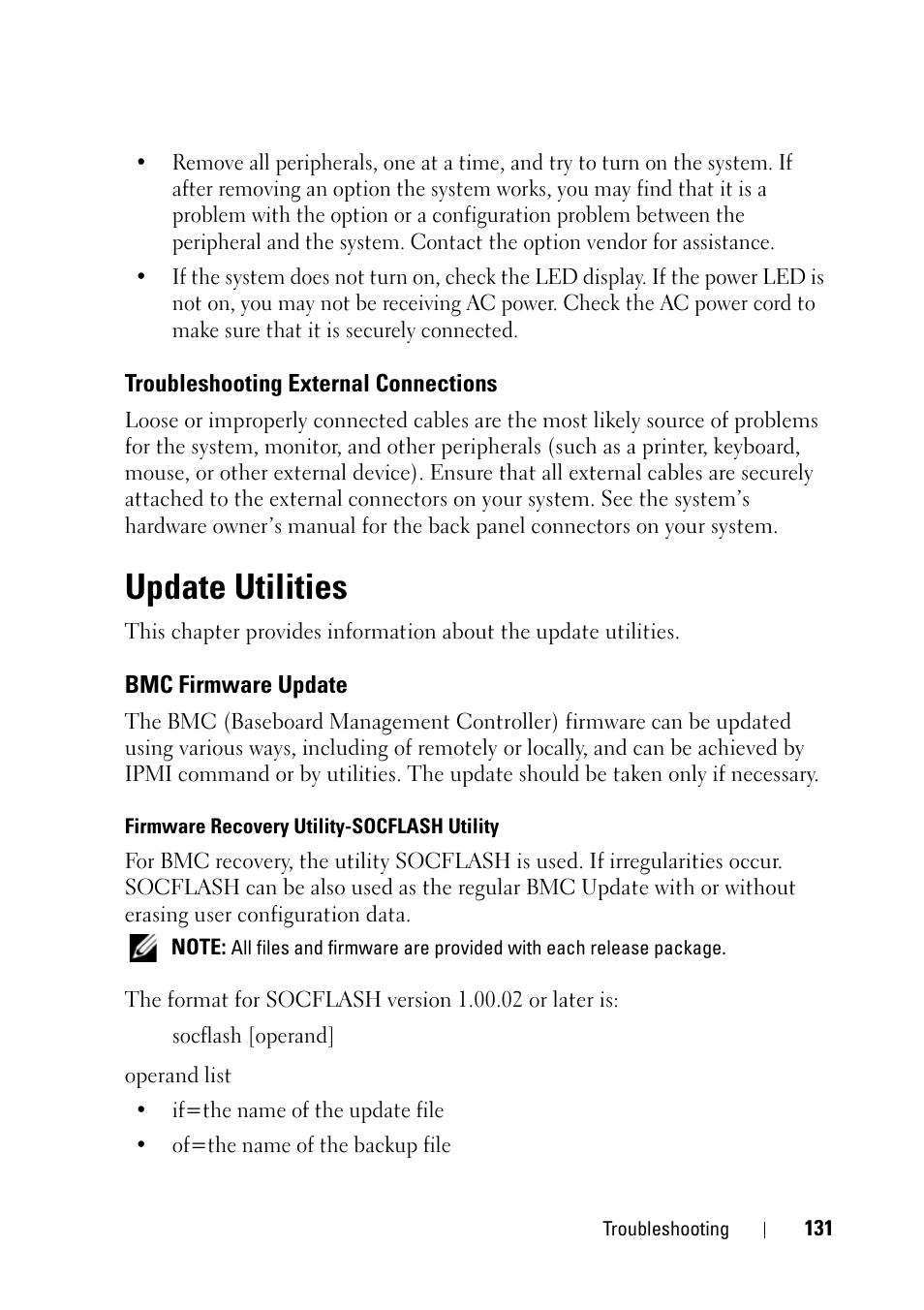 Troubleshooting external connections, Update utilities, Bmc firmware update | Dell PowerEdge C5230 User Manual | Page 131 / 146