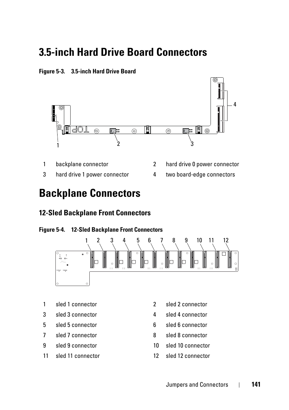 Inch hard drive board connectors, Backplane connectors, Sled backplane front connectors | Dell PowerEdge C5230 User Manual | Page 141 / 146