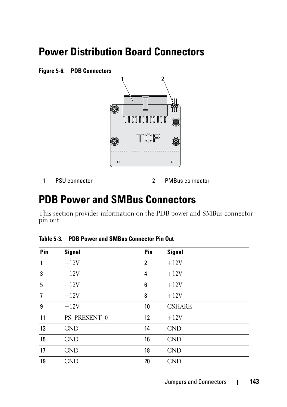 Power distribution board connectors, Pdb power and smbus connectors | Dell PowerEdge C5230 User Manual | Page 143 / 146