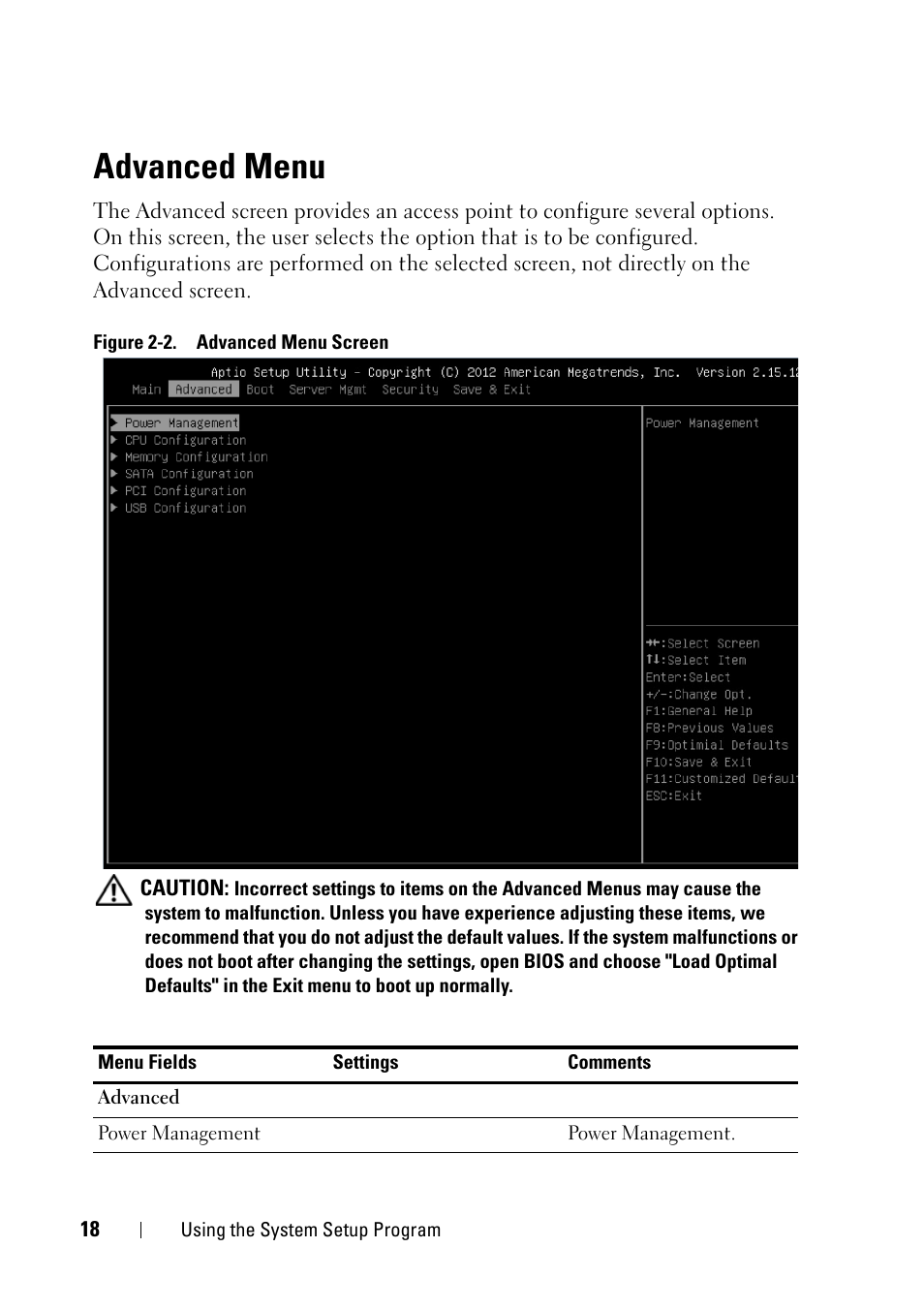 Advanced menu | Dell PowerEdge C5230 User Manual | Page 18 / 146