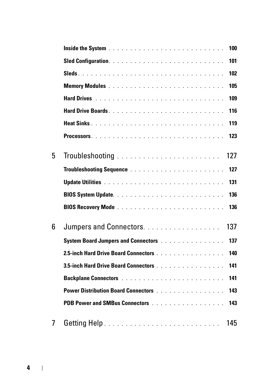 5 troubleshooting, 6 jumpers and connectors, 7 getting help | Dell PowerEdge C5230 User Manual | Page 4 / 146