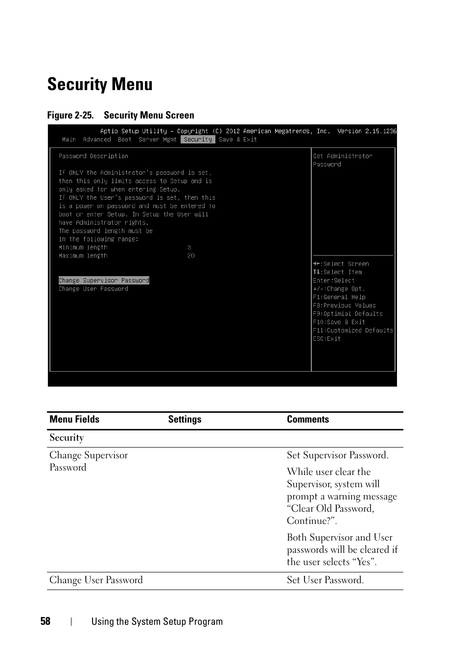 Security menu | Dell PowerEdge C5230 User Manual | Page 58 / 146