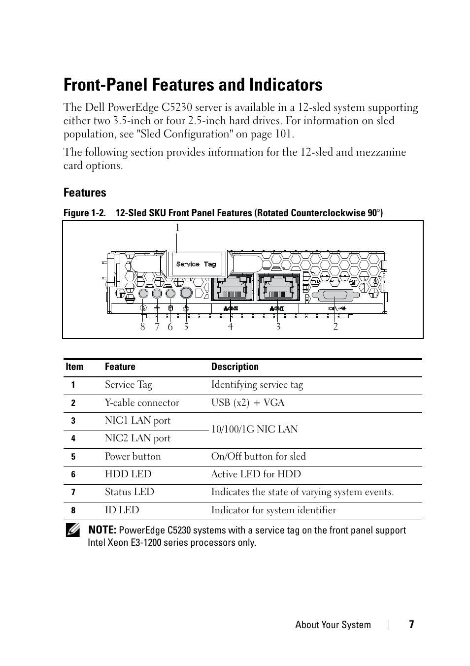 Front-panel features and indicators, Features | Dell PowerEdge C5230 User Manual | Page 7 / 146