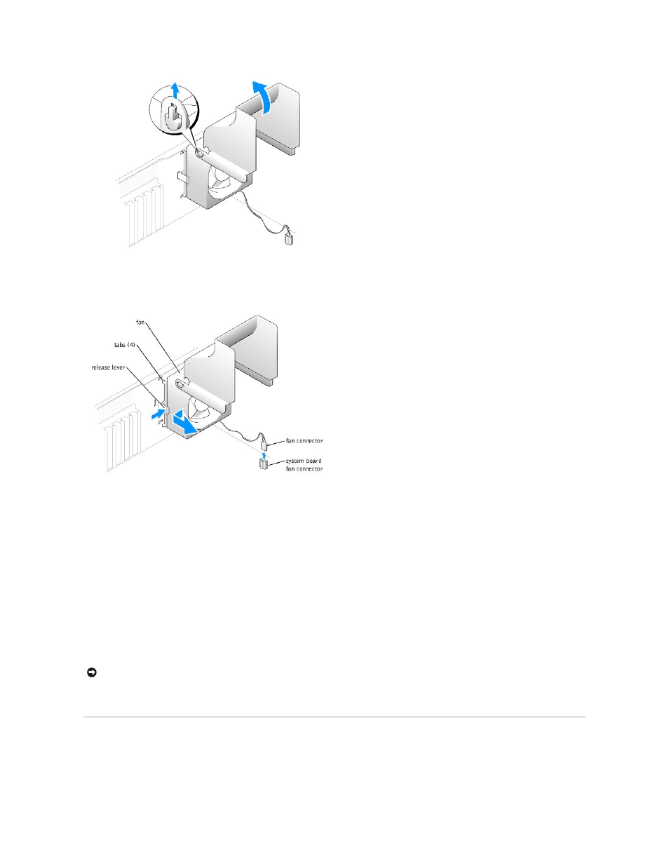 System board, Connect the data cable to the drive and to the, Connect the power cable to the | Replacing the fan assembly, Removing the system board | Dell Dimension 3000 User Manual | Page 26 / 42