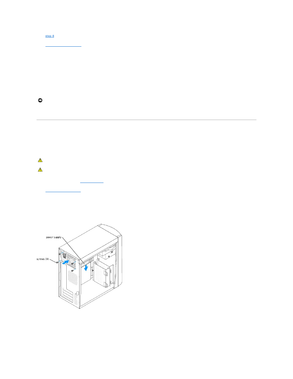 Power supply, Removing the power supply, Replacing the power supply | Dell Dimension 3000 User Manual | Page 28 / 42