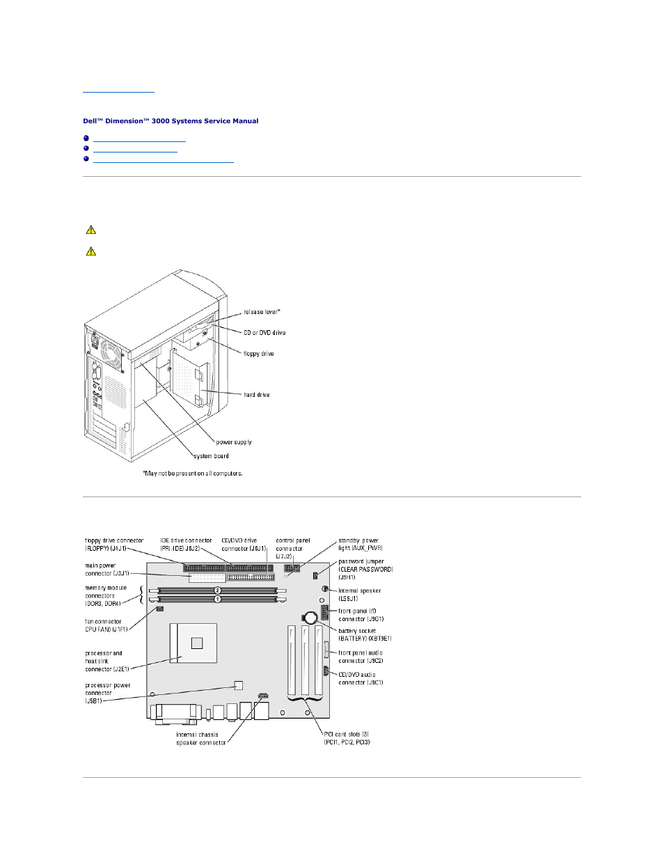 Technical overview, Inside view of your computer, System board components | Dell Dimension 3000 User Manual | Page 38 / 42