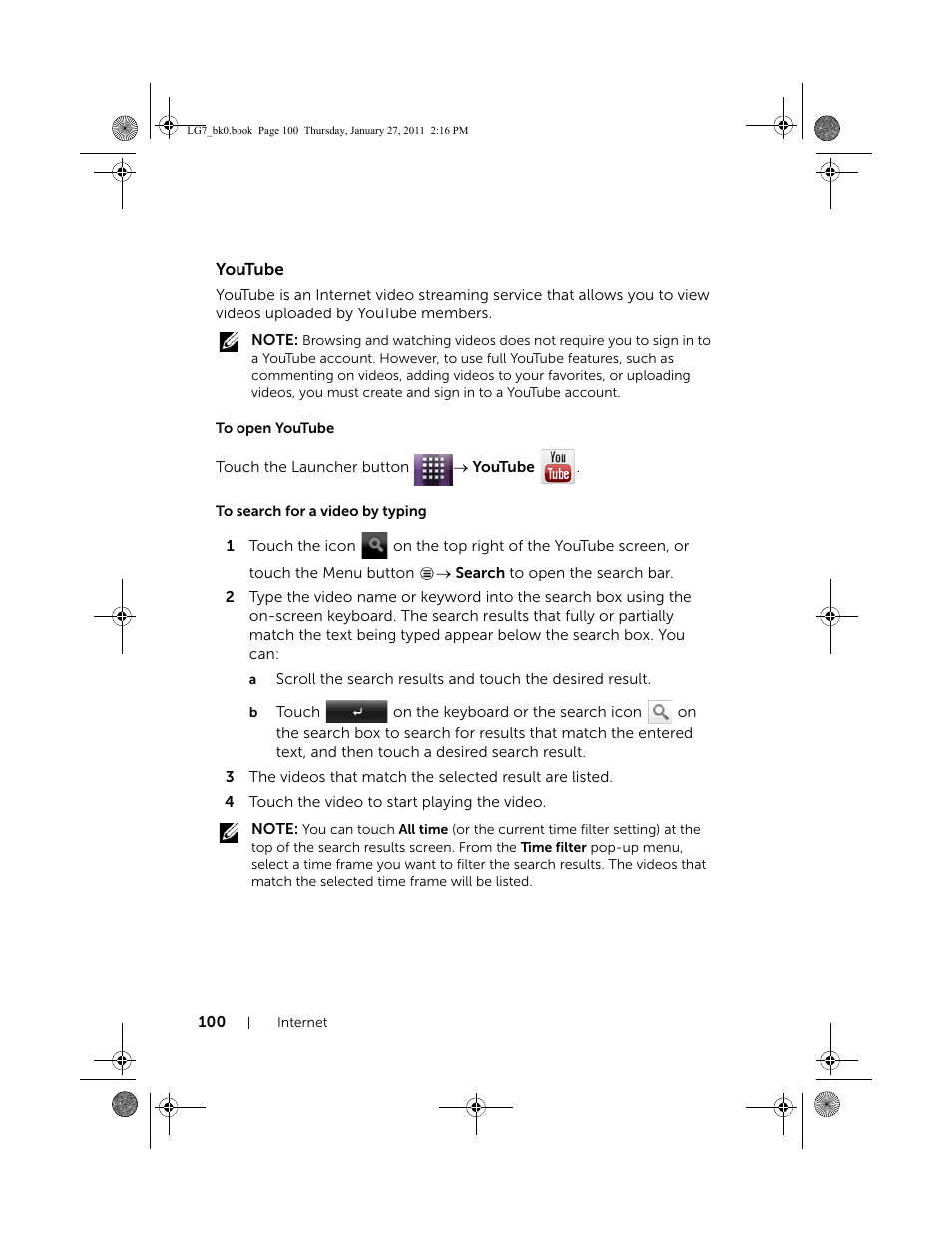 Youtube, To open youtube, To search for a video by typing | Dell Mobile Streak 7 Wifi Only User Manual | Page 100 / 145