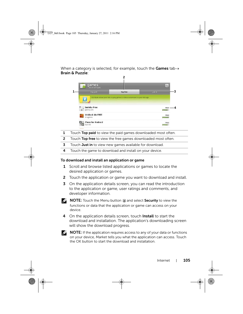 To download and install an application or game | Dell Mobile Streak 7 Wifi Only User Manual | Page 105 / 145