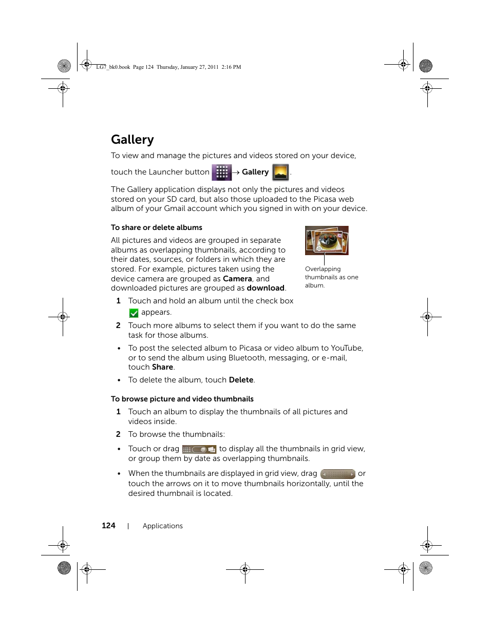 Gallery, To share or delete albums, To browse picture and video thumbnails | Dell Mobile Streak 7 Wifi Only User Manual | Page 124 / 145