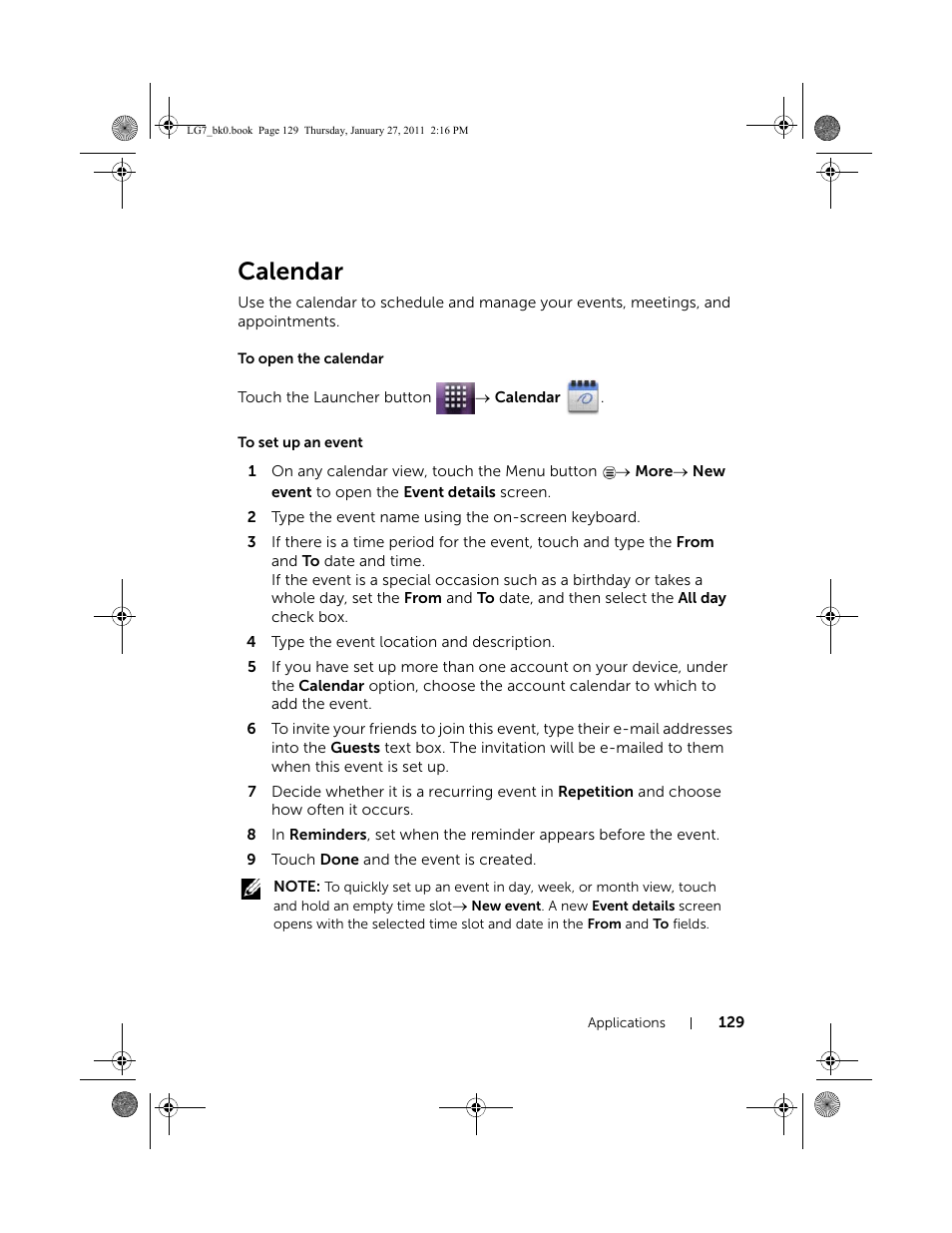 Calendar, To open the calendar, To set up an event | Dell Mobile Streak 7 Wifi Only User Manual | Page 129 / 145