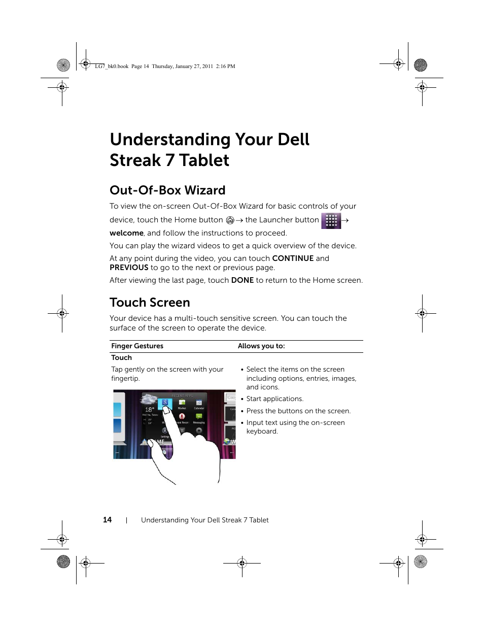 Understanding your dell streak 7 tablet, Out-of-box wizard, Touch screen | Dell Mobile Streak 7 Wifi Only User Manual | Page 14 / 145