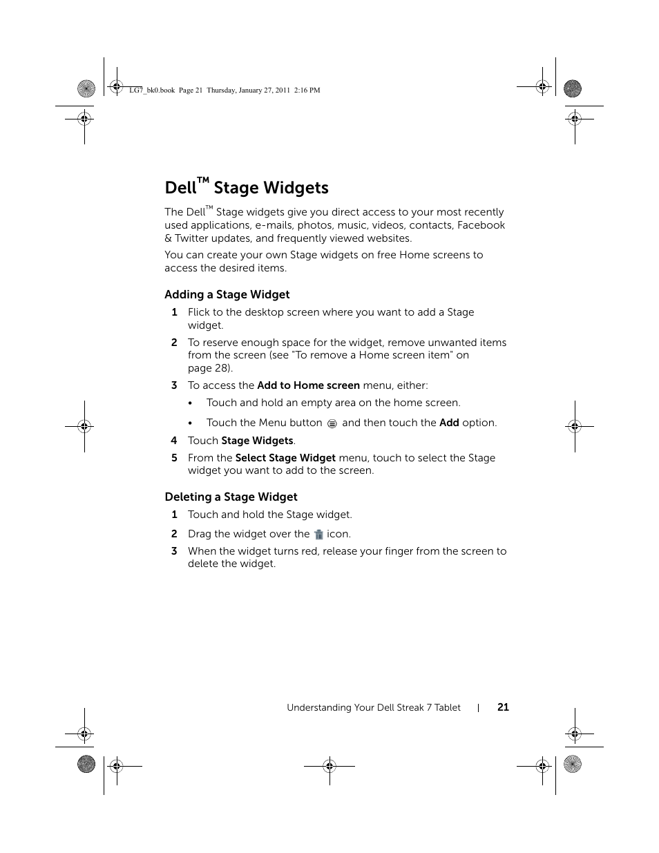 Dell™ stage widgets, Adding a stage widget, Deleting a stage widget | Dell, Stage widgets | Dell Mobile Streak 7 Wifi Only User Manual | Page 21 / 145