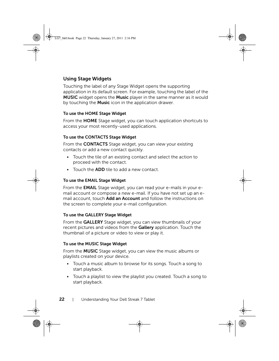 Using stage widgets, To use the home stage widget, To use the contacts stage widget | To use the email stage widget, To use the gallery stage widget, To use the music stage widget | Dell Mobile Streak 7 Wifi Only User Manual | Page 22 / 145