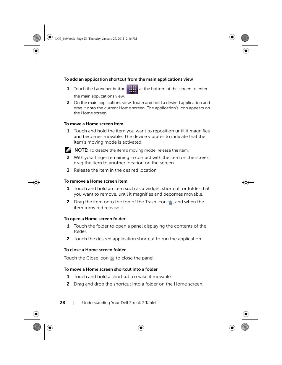 To move a home screen item, To remove a home screen item, To open a home screen folder | To close a home screen folder, To move a home screen shortcut into a folder | Dell Mobile Streak 7 Wifi Only User Manual | Page 28 / 145