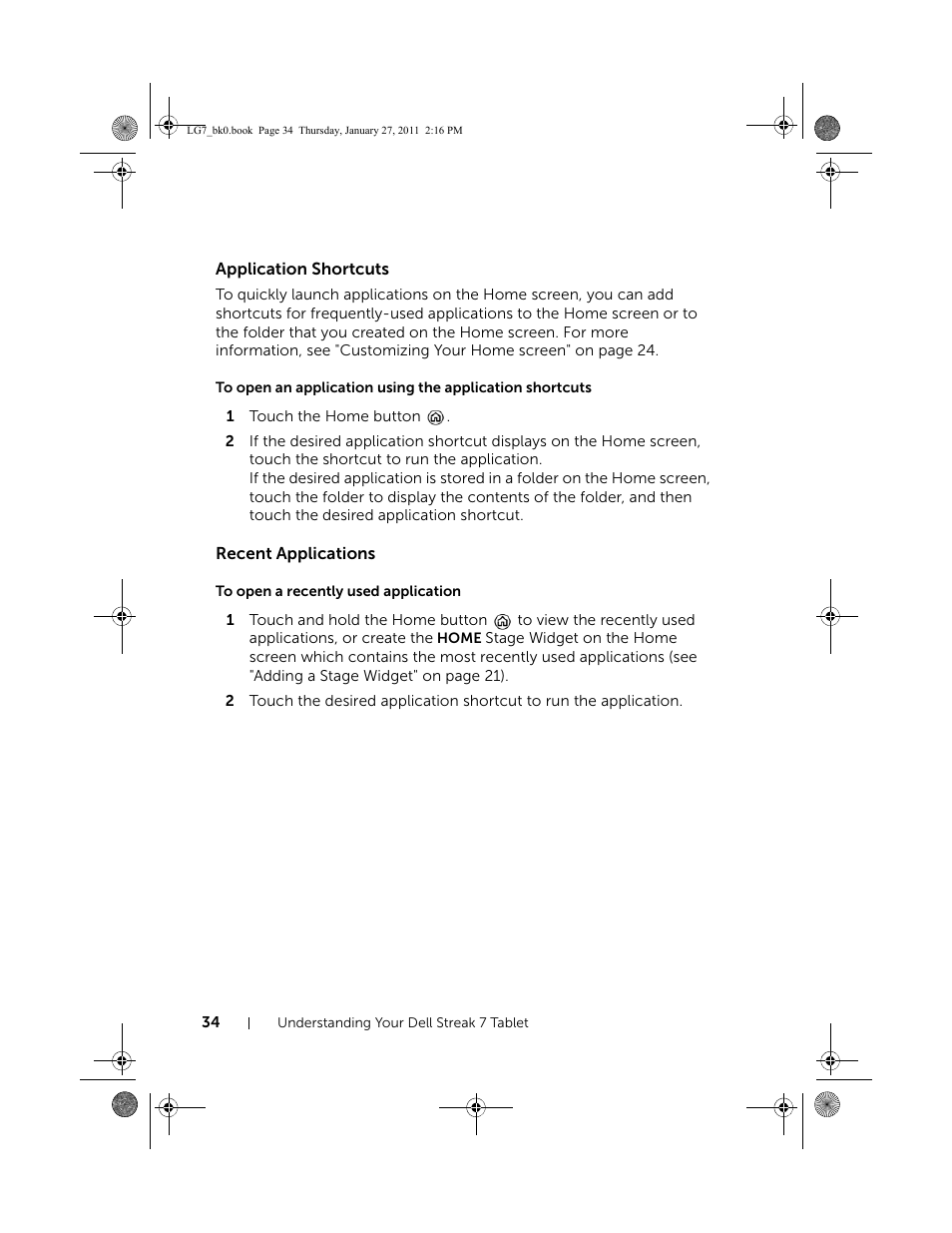 Application shortcuts, Recent applications, To open a recently used application | Dell Mobile Streak 7 Wifi Only User Manual | Page 34 / 145