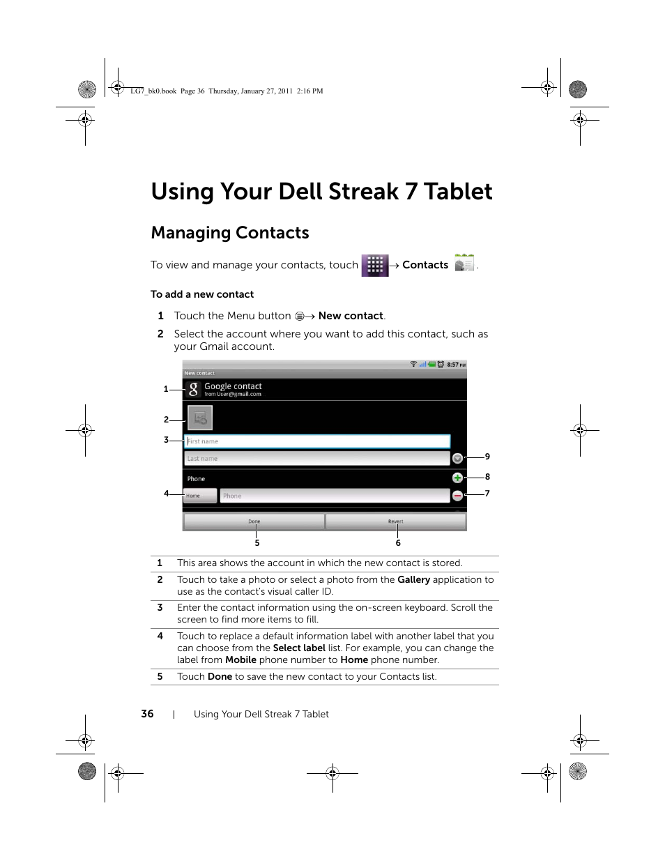 Using your dell streak 7 tablet, Managing contacts, To add a new contact | Dell Mobile Streak 7 Wifi Only User Manual | Page 36 / 145