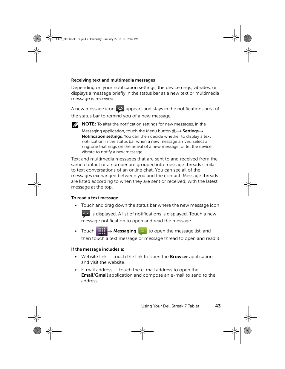 Receiving text and multimedia messages, To read a text message, If the message includes a | Dell Mobile Streak 7 Wifi Only User Manual | Page 43 / 145