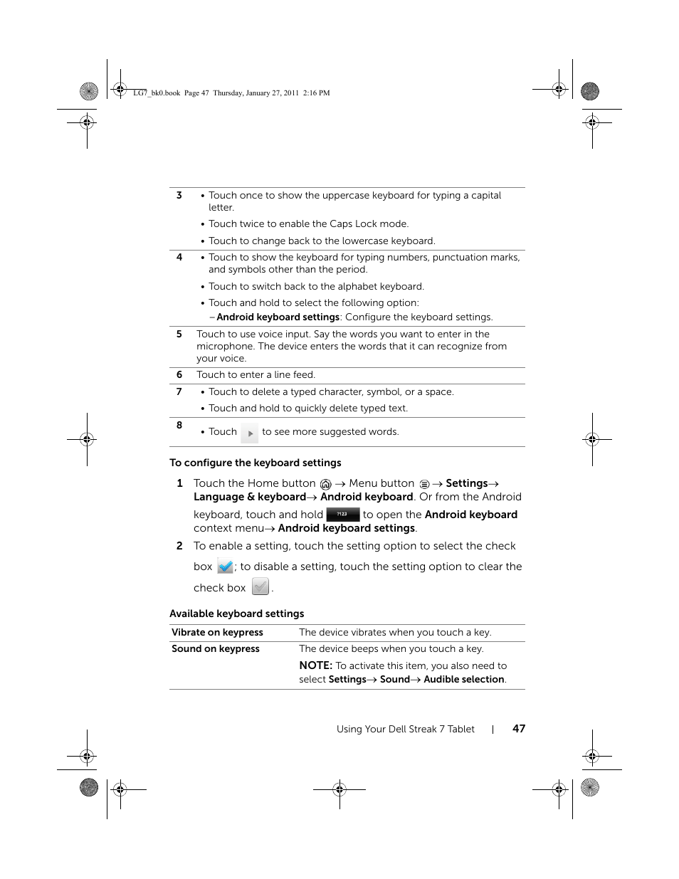 To configure the keyboard settings, Available keyboard settings | Dell Mobile Streak 7 Wifi Only User Manual | Page 47 / 145