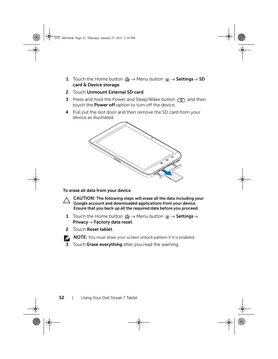 To erase all data from your device | Dell Mobile Streak 7 Wifi Only User Manual | Page 52 / 145