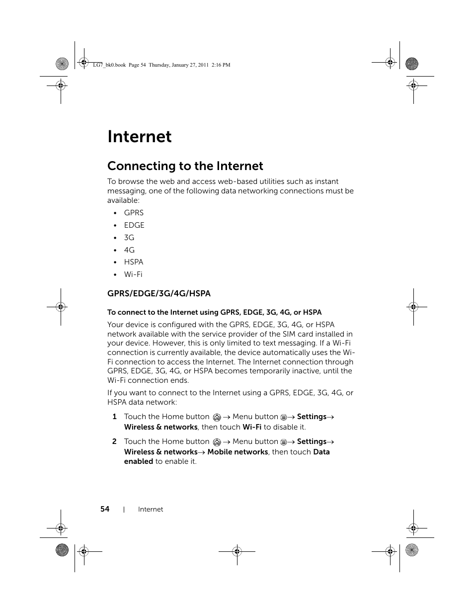 Internet, Connecting to the internet, Gprs/edge/3g/4g/hspa | Dell Mobile Streak 7 Wifi Only User Manual | Page 54 / 145