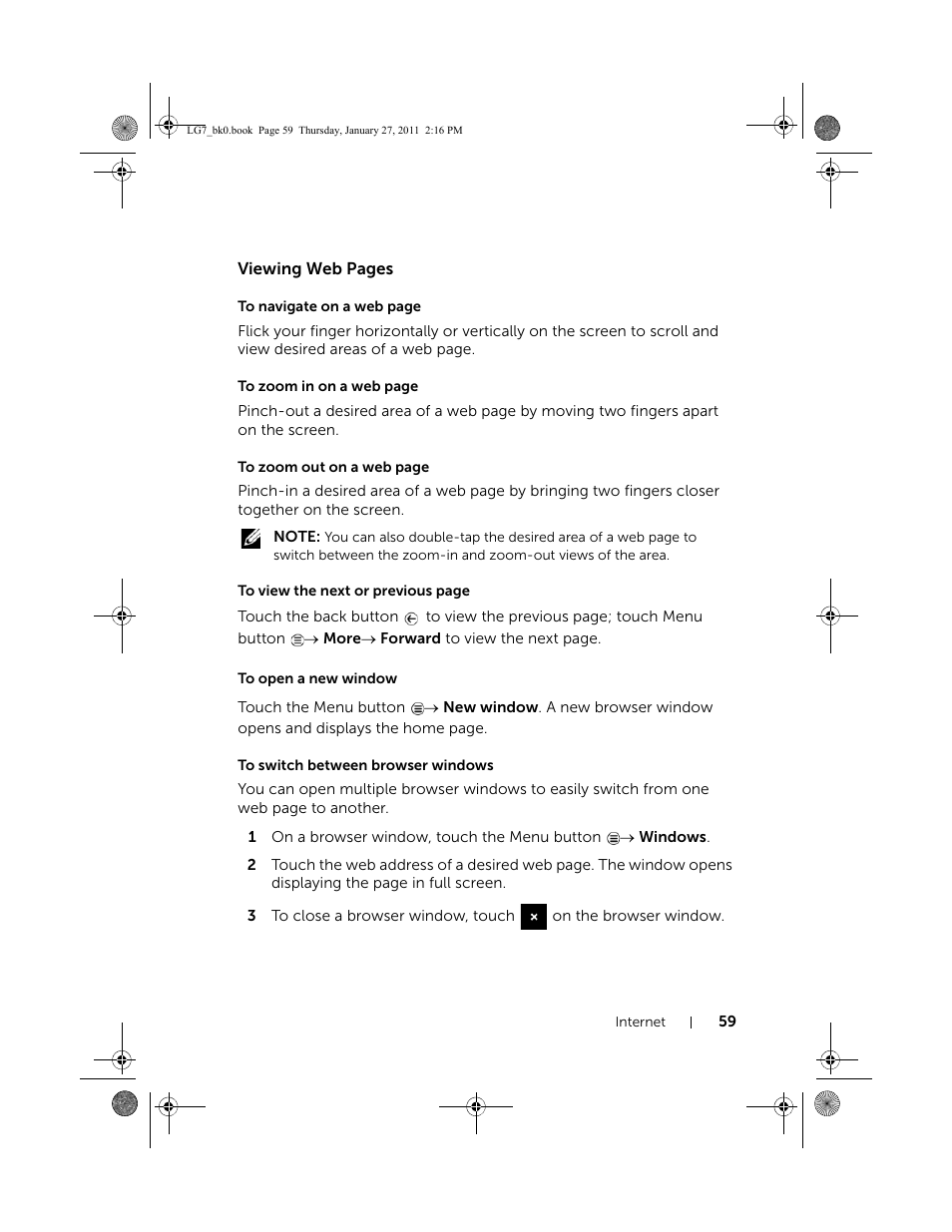 To open a new window, To switch between browser windows | Dell Mobile Streak 7 Wifi Only User Manual | Page 59 / 145