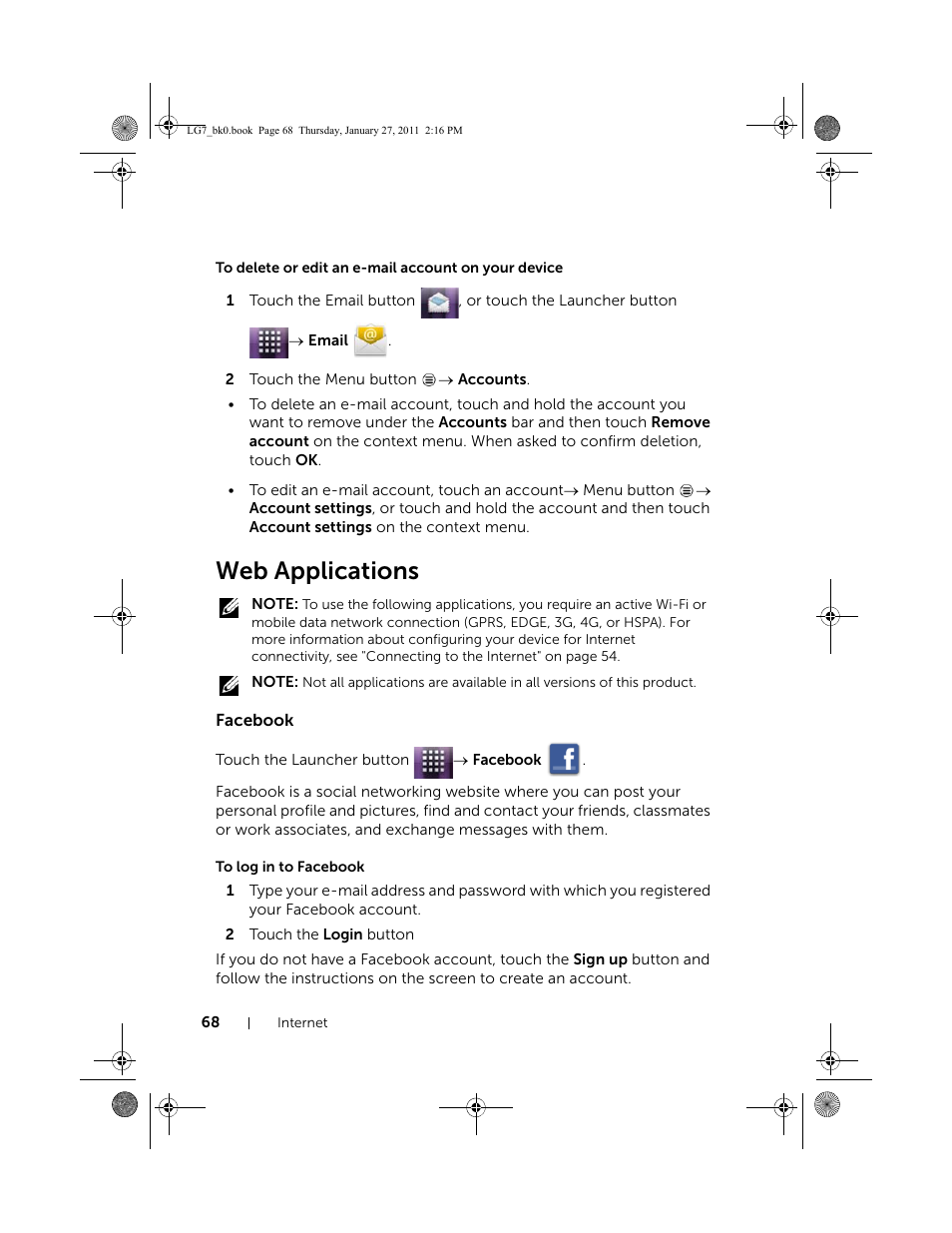 To delete or edit an e-mail account on your device, Web applications, Facebook | To log in to facebook | Dell Mobile Streak 7 Wifi Only User Manual | Page 68 / 145