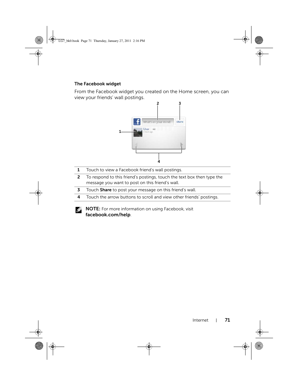 The facebook widget | Dell Mobile Streak 7 Wifi Only User Manual | Page 71 / 145