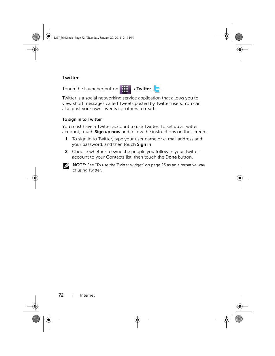 Twitter, To sign in to twitter | Dell Mobile Streak 7 Wifi Only User Manual | Page 72 / 145