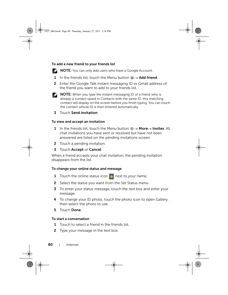 To add a new friend to your friends list, To view and accept an invitation, To change your online status and message | To start a conversation | Dell Mobile Streak 7 Wifi Only User Manual | Page 80 / 145