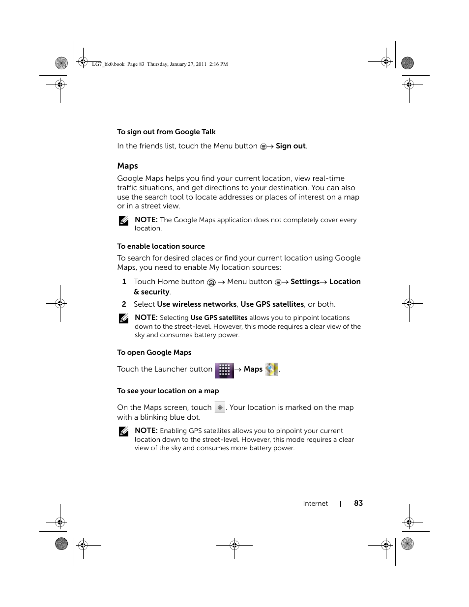 To sign out from google talk, Maps, To enable location source | To open google maps, To see your location on a map | Dell Mobile Streak 7 Wifi Only User Manual | Page 83 / 145