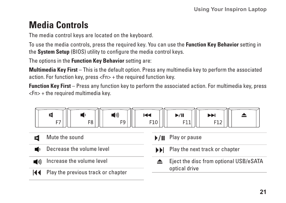 Media controls | Dell Inspiron 1320 (Mid 2009) User Manual | Page 23 / 74