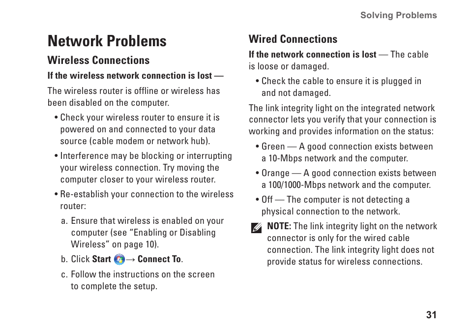 Network problems | Dell Inspiron 1320 (Mid 2009) User Manual | Page 33 / 74