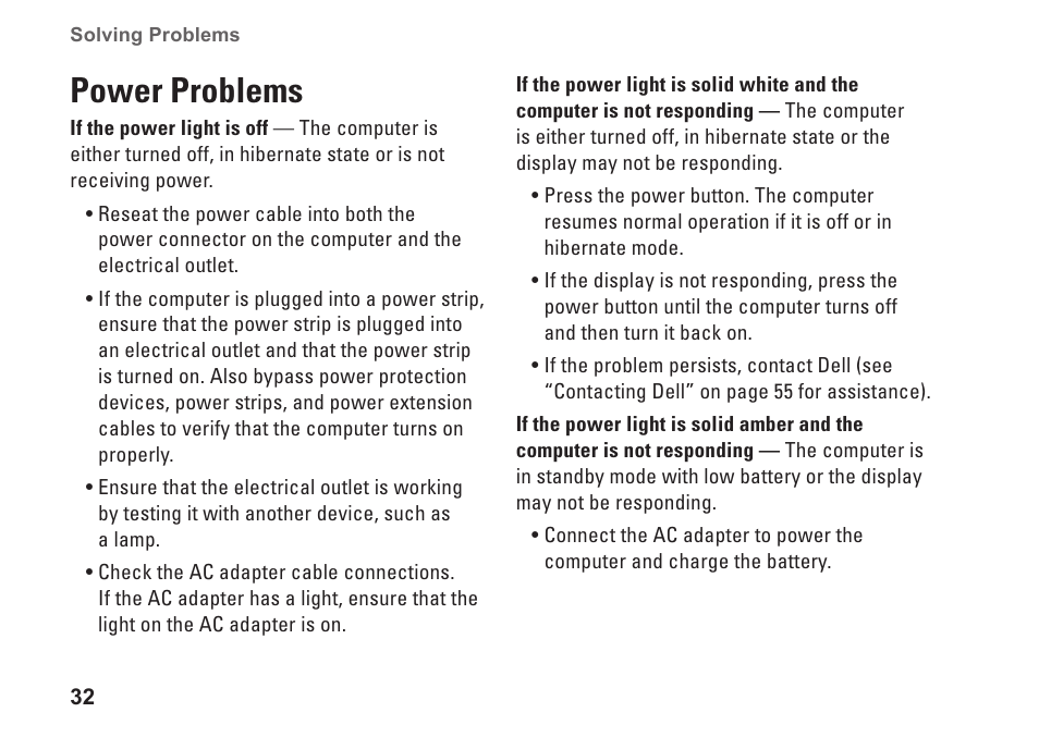 Power problems | Dell Inspiron 1320 (Mid 2009) User Manual | Page 34 / 74