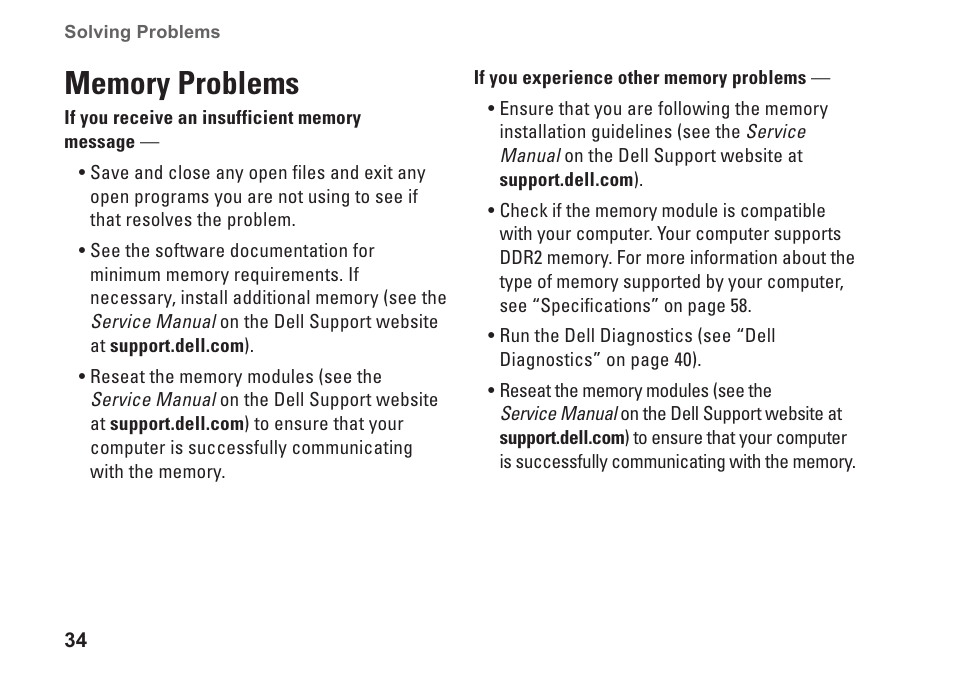 Memory problems | Dell Inspiron 1320 (Mid 2009) User Manual | Page 36 / 74