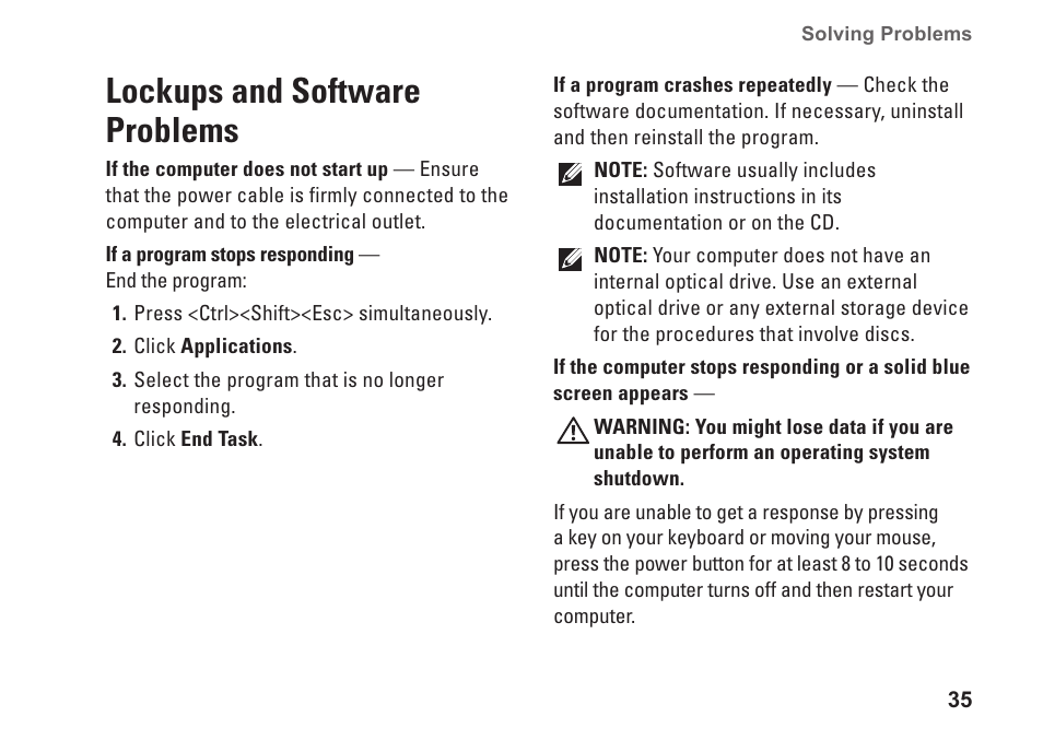 Lockups and software problems | Dell Inspiron 1320 (Mid 2009) User Manual | Page 37 / 74