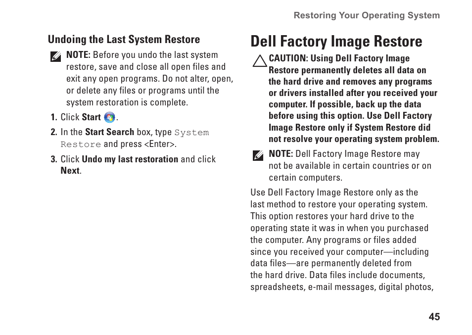 Dell factory image restore | Dell Inspiron 1320 (Mid 2009) User Manual | Page 47 / 74