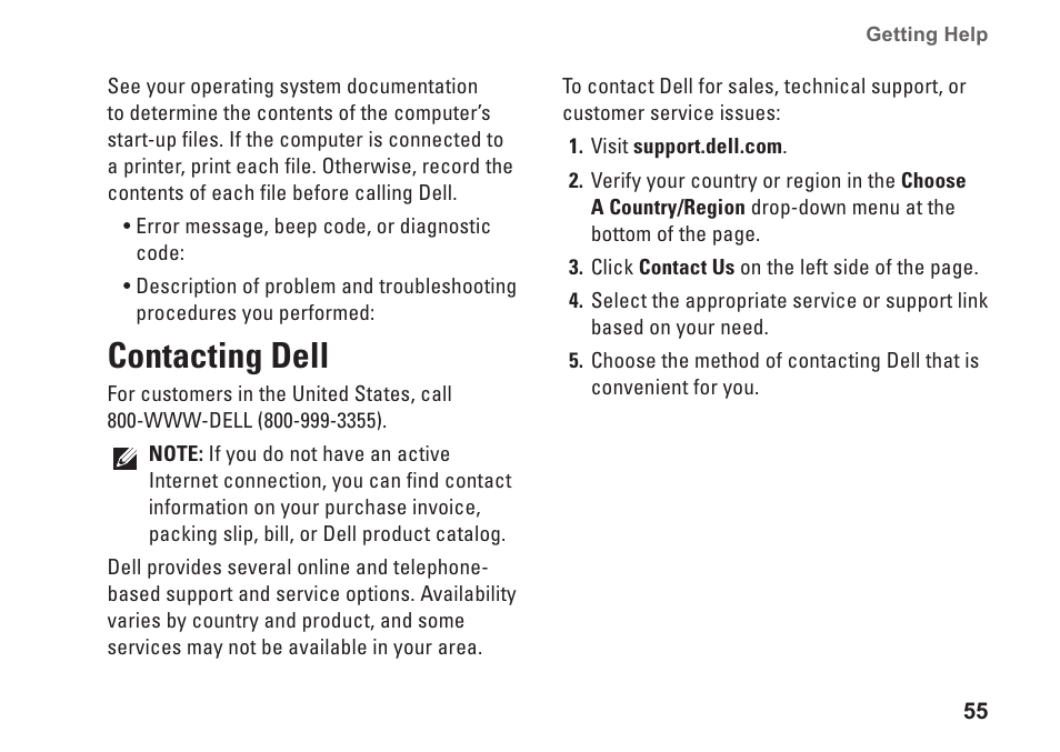 Contacting dell, 55 for, 55 for assistance) | Dell Inspiron 1320 (Mid 2009) User Manual | Page 57 / 74