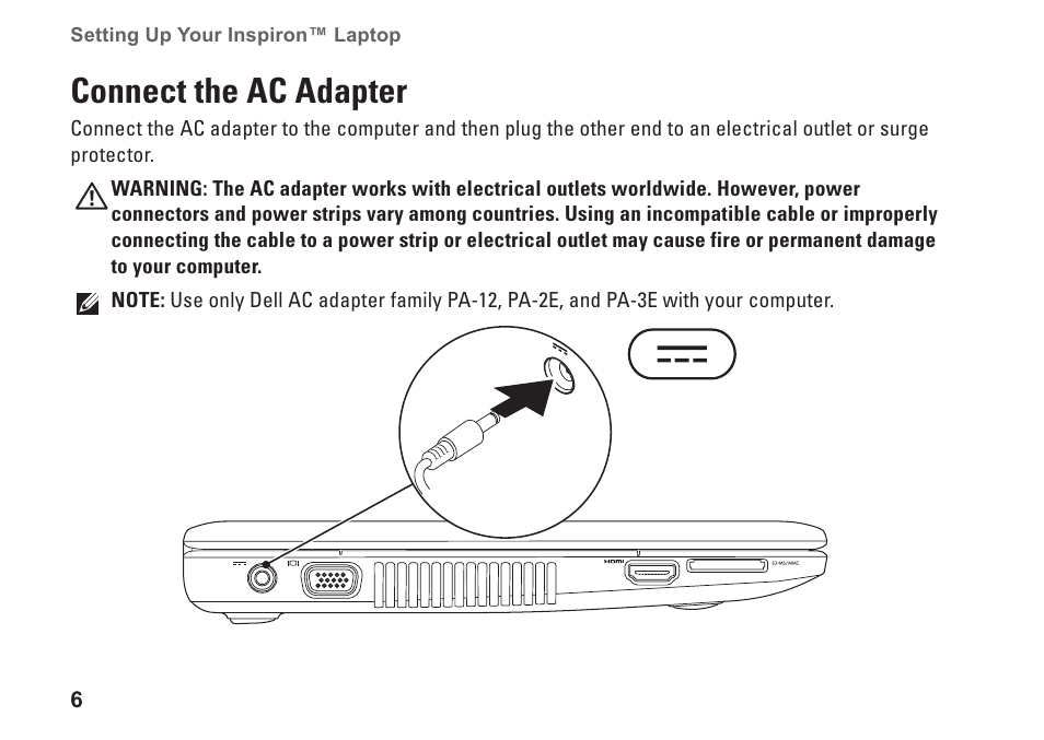 Connect the ac adapter | Dell Inspiron 1320 (Mid 2009) User Manual | Page 8 / 74