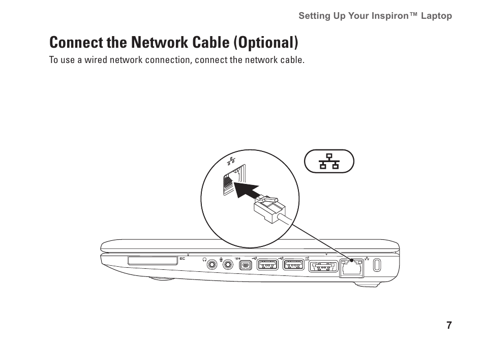 Connect the network cable (optional) | Dell Inspiron 1320 (Mid 2009) User Manual | Page 9 / 74