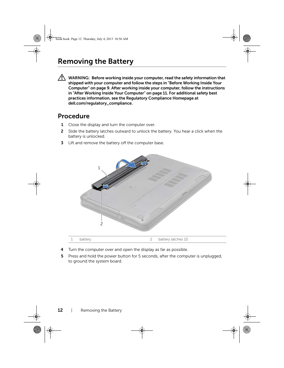 Removing the battery, Procedure | Dell Inspiron 17 (3737, Mid 2013) User Manual | Page 12 / 71