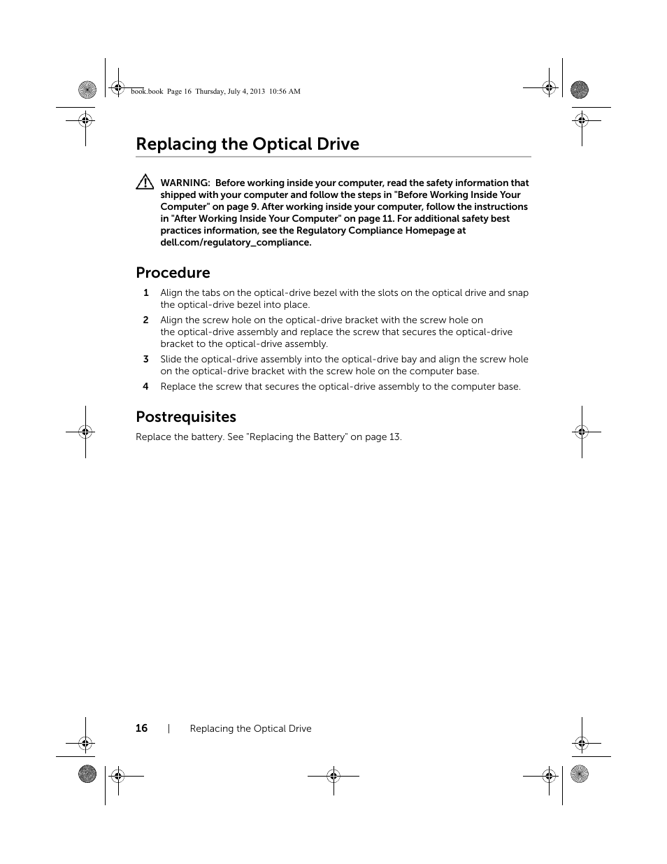 Replacing the optical drive, Procedure, Postrequisites | Dell Inspiron 17 (3737, Mid 2013) User Manual | Page 16 / 71