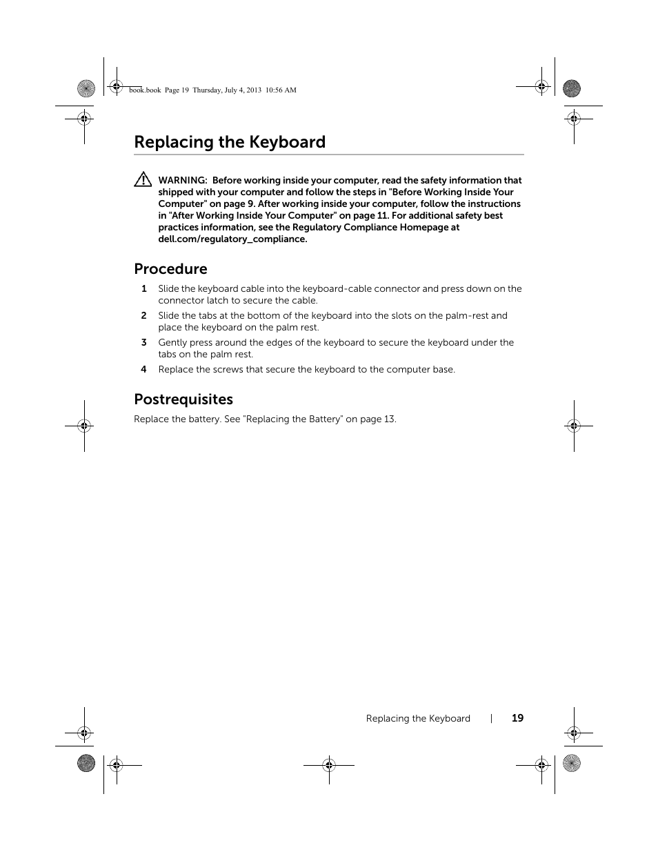 Replacing the keyboard, Procedure, Postrequisites | Dell Inspiron 17 (3737, Mid 2013) User Manual | Page 19 / 71