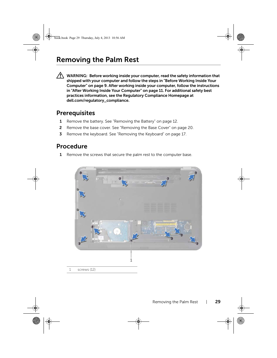 Removing the palm rest, Prerequisites, Procedure | Dell Inspiron 17 (3737, Mid 2013) User Manual | Page 29 / 71