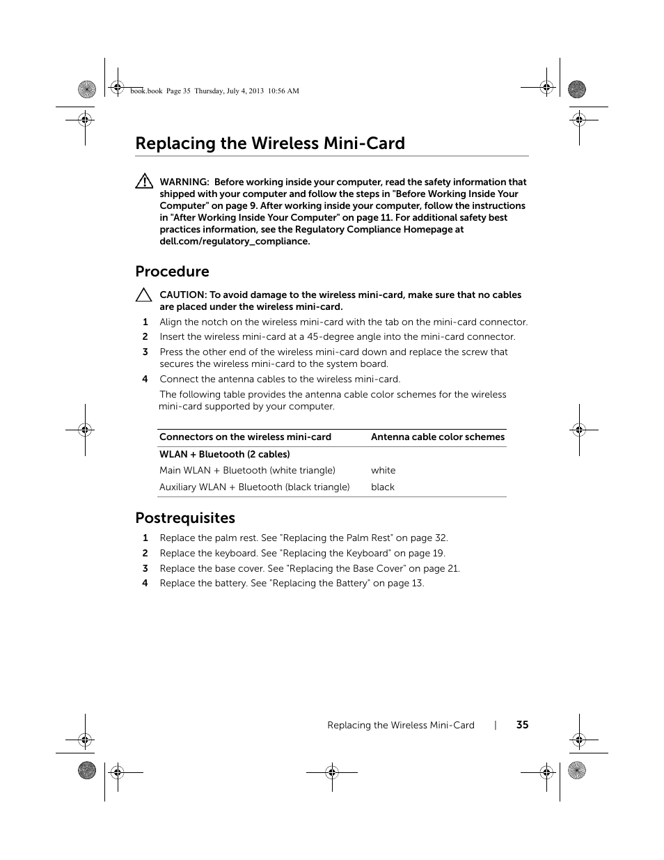 Replacing the wireless mini-card, Procedure, Postrequisites | Dell Inspiron 17 (3737, Mid 2013) User Manual | Page 35 / 71